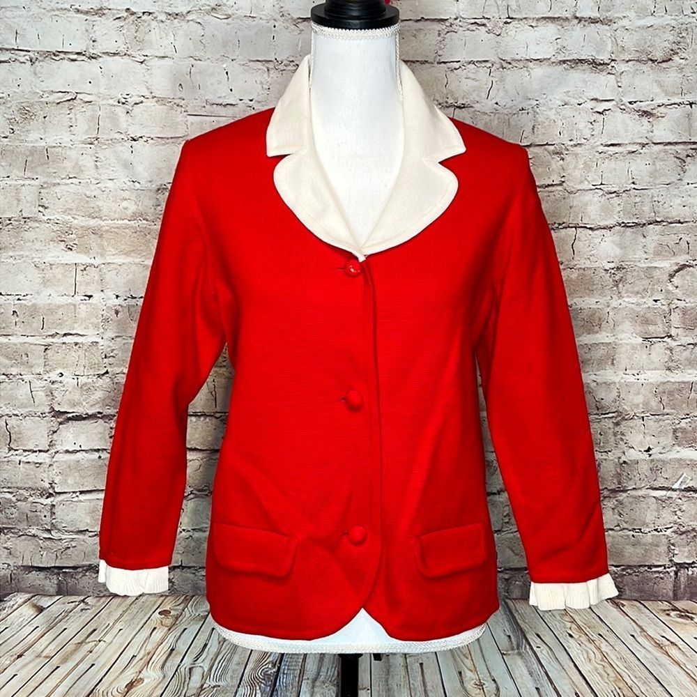 Vintage Red Wool Sweater Cardigan Sebastian White Collar Holiday Christmas NWT